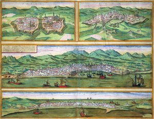 Karta över Parma, Siena, Palermo och Drepanum, från "Civitates Orbis Terrarum" av Georg Braun (1541-1622) och Frans Hogenberg (1535-90), ca 1572