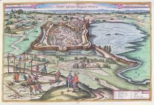 Den ungerska fästningen Papa vid tiden för den osmanska belägringen, ur "Le Theatre du Monde" av Georg Braun (1541-1622) utgiven i Köln 1572-1618, 1617. av Joris Hoefnagel