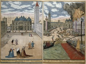 Vy över San Marco och det brinnande Palazzo Ducale från Civitates Orbis Terrarum av Georg Braun (1541-1622) och Frans Hogenberg (1535-90) 1578 av Joris Hoefnagel