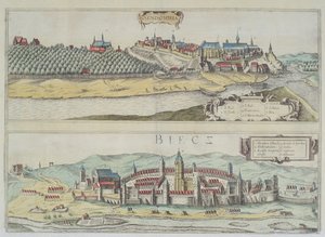 Vyer av Sendomiria och Biecz, ur "Civitates Orbis Terrarum" av Georg Braun (1541-1622) och Frans Hogenberg (1535-90) av Joris Hoefnagel