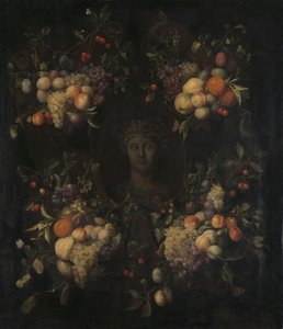 Simulerat skulpterat huvud av en kvinna i en kartusch dekorerad med swags of fruit av Joris van Son