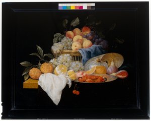 Stilleben med frukt och räkor