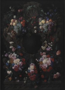 Stenkartouche med frukt- och blomstergirland