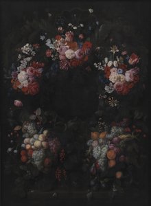 Stenkartouche med frukt- och blomstergirland