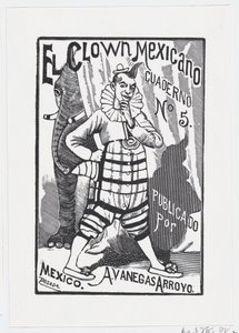 En clown som står med en hand på höften och en elefant som tittar ut bakifrån..., ca. 1880-1910. av José Guadalupe Posada