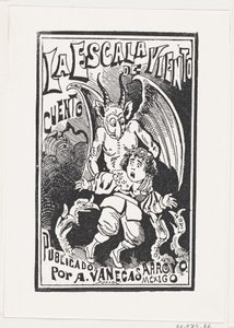 En demon som håller en ung pojke vid sina axlar över en grupp gamar, illustrati..., ca. 1880-1910. av José Guadalupe Posada