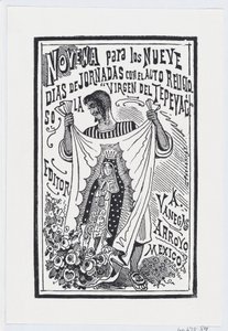 En man som håller upp ett tygstycke med en bild av Jungfrun, illustration för ..., ca. 1880-1910. av José Guadalupe Posada
