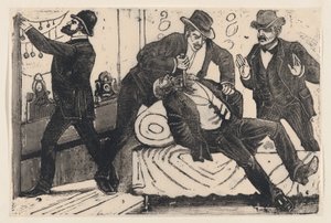 En man knivhugger en annan man i bröstet medan hans medarbetare plundrar en butik, från en..., ca. 1890-1891. av José Guadalupe Posada