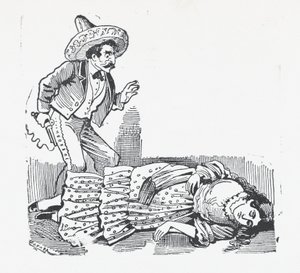 En man med en pistol stående över en kvinna som han just har skjutit, ca. 1880-1910., ca. 1880-1910. av José Guadalupe Posada