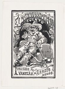 En man med vapen och en pipa i munnen flankerad av två skelett, illustration..., ca. 1880-1910. av José Guadalupe Posada