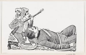 En revolutionär som håller ett gevär och knäböjer för att skydda en fallen revolutionär, c..., ca. 1880-1910. av José Guadalupe Posada