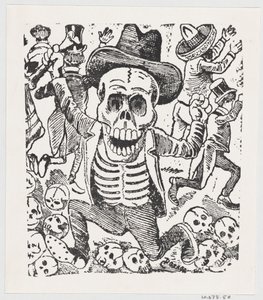 Ett skelett som håller ett ben och hoppar över en hög med dödskallar medan människor flyr, fr..., ca. 1907. av José Guadalupe Posada