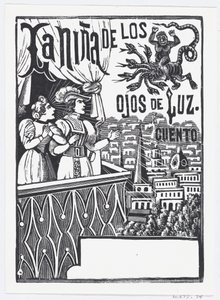 En kvinna och en man står på en balkong och tittar upp på ett flygande monster på himlen..., ca. 1880-1910. av José Guadalupe Posada