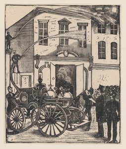 Brandmän släcker en brand i ett hus, brandbil i förgrunden, ca. 1880-1910., ca. 1880-1910. av José Guadalupe Posada