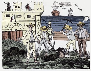 Den mexikanska revolutionen (1910-1920): Grupper av fångar vid tvångsarbete - Xylografi av Jose Guadalupe Posada (1852-1913) av José Guadalupe Posada