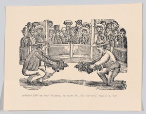 Två män på en arena som håller tuppar som förberedelse för ett slagsmål, spe..., ca 1890-1910, omtryckt 1964. av José Guadalupe Posada