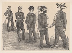 Två män skakar hand i förgrunden och officerare som tittar på dem i bakgrunden..., ca. 1880-1910. av José Guadalupe Posada