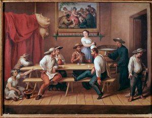 En pulqueria Taverne i Sydamerika, välkomna gäster dricker pulque (traditionell mesoamerikansk alkoholhaltig dryck) (Public hus med pulquedrickare) Målning av Augustin Arriete (1800-talet) Mexico City, historiskt nationalmuseum, Chateau Chapultepec