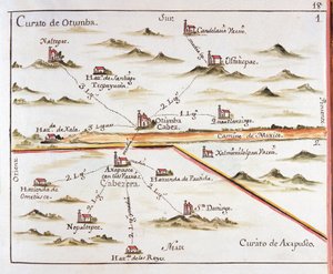 ALZATE, Jose Antonio (1737-1799). Vetenskapsman och författare. Plan för ärkestiftet Mexiko. Församlingen i Otumba (Otumba eller Ozumba) och Församlingen i Axapulco (Acapulco). 1767. Gravyr av Jose Antonio Alzate. Gravyr. SPANIEN. KASTILIEN-LA-MANCHA. Tole av Jose Antonio Alzate