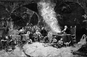 Sabbatsscen, en trollkarl presiderar över ceremonin och kallar fram varelser i en magisk kittel. Häxor deltar på platsen. Från en teckning av Jose Benlliure y Gil (1855-1937)