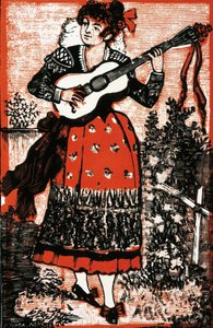 Omslag till en sångbok som föreställer en mexikansk kvinna med en gitarr. Gravyr av Jose Guadalupe POSADA (1852-1913). Gravyr av José Guadalupe Posada