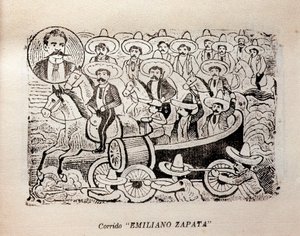 Mexiko. Mexikanska revolutionen "Corrido Emiliano Zapata" (gravyr) av José Guadalupe Posada