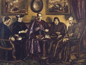 GUTIERREZ SOLANA, Jose (1886-1945). Biskopens besök. 1926. (161 x 211 cm). Olja på duk. SPANIEN. MADRID (AUTONOM REGION). Madrid, Madrid. Konstcentret Reina Sofia Nationalmuseum av Jose Gutierrez Solana