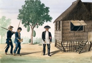 En fånge ledd av en polisman och en rådman, från "The Flebus Album of Views In and Around Manila", ca 1845