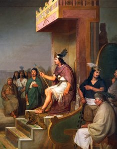 Kejsaren på tronen, detalj från Discovery of pulque, mesoamerikansk alkoholhaltig dryck, olja på duk av Jose Maria Obregon (1832-1902)