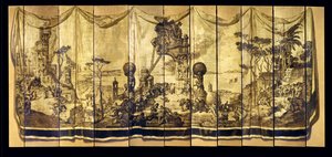 Vision Mediterranea, elvabladig skärm, ca 1925 (olja på förgylld träpanel) av Jose Maria Sert y Badia