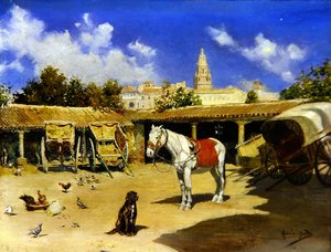 En innergård i Murcia, med katedraltorn (olja på panel) av Jose Marin Baldo