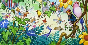 Älvor i trädgården (gouache på papper) av Jose Ortiz