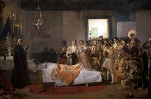Mästarens död. Målning av Jose Villegas Cordero (1844-1921), olja på duk, cirka 1913. Museum of Fine Arts i Sevilla, Spanien.