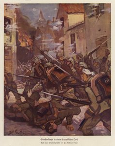 Gatustrid i en fransk by, första världskriget (färg litho) av Josef Andreas Sailer