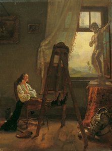 Målaren som har somnat i ateljén av Josef Danhauser