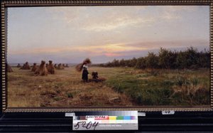 Skörda i kvällsljuset. (Skörda i kvällsljuset). Två kvinnor som arbetar i ett fält fullt av höstackar. Målning av Iosiph Evstafievich Krachkovsky (1854-1914), olja på duk av Josef Evstafievich Krachkovsky
