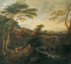 Landskap med betande kor av Josef Faistenberger