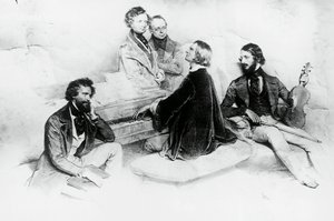Matiné hemma hos Liszt, från vänster till höger, Kriehuber, kompositören Hector Berlioz (1803-1869), Carl Czerny (1791-1857) Liszts lärare, Franz Liszt (1811-1866) och violinisten Heinrich Wilhelm Ernst (1840-1865), Litografi av Josef Kriehuber (1800-1876)
