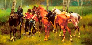 ""Grupp husarer och hästar i skogen"" Målning av Josep Cusachs i Cusachs (1851-1908). 1905. av Josep Cusachs y Cusachs