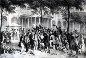 Läsning av domarna publicerade i Newspaper Moniteur i trädgårdarna på Royal Palace i Paris, 26 juli av Joseph Louis Hippolyte Bellange