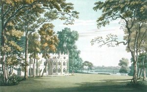 Huset, trädgårdarna och sjön vid Strawberry Hill, graverad av J.C. Stadler (fl.1780-1812), publicerad 1793 (färgad gravyr) av Joseph (after) Farington