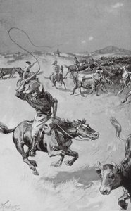 Röjning av boskap i Queensland (litografi) av Joseph (after) Finnemore