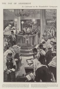 Firar den judiska försoningsdagen i Houndsditch Synagogue, London (litho) av Joseph (after) Finnemore