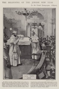 Firar början av det judiska nyåret i Great Synagogue, Aldgate, London (litho) av Joseph (after) Finnemore