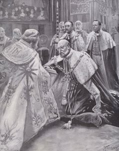 Kung Edward VII avlägger ed vid sin kröning, Westminster Abbey, London av Joseph (after) Finnemore