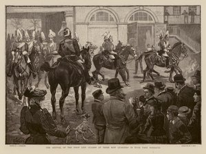 Livgardet anländer till sina nya baracker i Hyde Park, London (gravyr) av Joseph (after) Finnemore