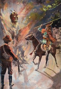 Robinson Crusoe: Destruction of the tartar idol (color litho) av Joseph (after) Finnemore
