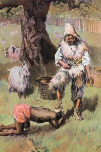 Robinson Crusoe: Han sätter min fot på hans huvud (färg litho) av Joseph (after) Finnemore
