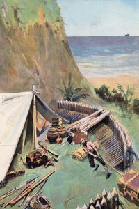 Robinson Crusoe: Jag samlar mina butiker (färg litho) av Joseph (after) Finnemore