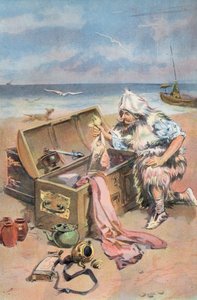 Robinson Crusoe: Jag undersöker kistorna (färg litho)